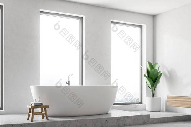 简约浴室内有白色墙壁, 一层混凝土地板, 阁楼窗户和一个白色浴缸。侧面视图3d 渲染模拟