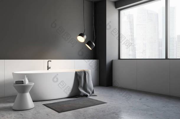简约的<strong>浴室</strong>角落, 灰色和白色的墙壁, 水泥地板, 大窗户, 白色<strong>浴缸</strong>与灰色毛巾和灰色的椅子。3d 渲染