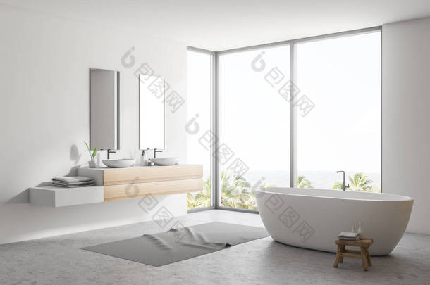 时尚的白色浴室内饰与混凝土地板, 灰色地毯, 窗口与热带景观, 木墙, 大浴缸, 和双水槽垂直镜子。3d 渲染复制空间