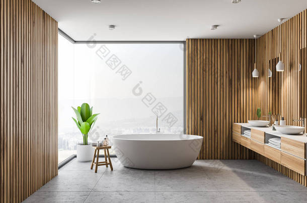 现代化的浴室内配有木墙、灰色地板、白色浴缸和双水池。全景窗口。3d 渲染