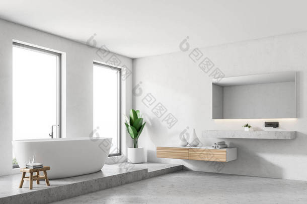 白色墙壁浴室角落与混凝土地板, 阁楼窗口, 一个白色浴缸和水槽。角落里的长凳。3d 渲染模拟