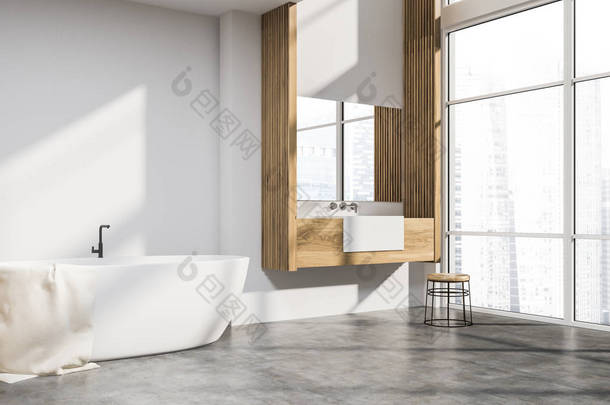 现代浴室的角落, 有白色的墙壁, 混凝土地板, 阁楼窗户, 白色浴缸和水槽站在木制的台面上。3d 渲染