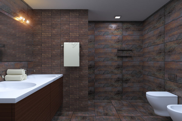 3d 渲染现代浴室在一所大房子