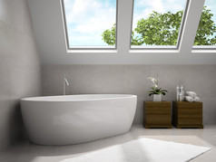 内部的现代浴室配有木制橱柜 3d 渲染