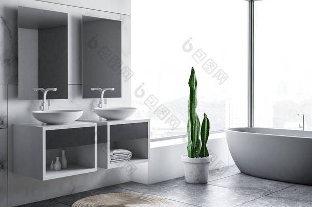 现代化浴室的内部配有白色大理石墙壁、全景窗户、白色浴缸和带垂直镜子的双<strong>水槽</strong>。3d 渲染