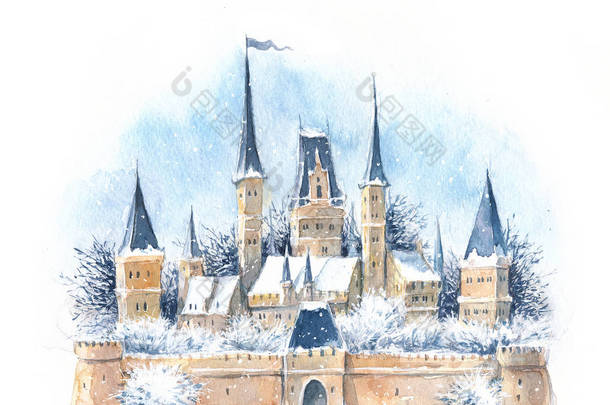 水彩冬天中世纪城堡在雪, 新年, 圣诞节, 童话, 魔术。堡垒, <strong>欧洲</strong>, 中世纪, 文艺复兴, 巴洛克, 封建领主, <strong>骑士</strong>, 旧城, 瓷砖, 历史, 明信片, 邀请.
