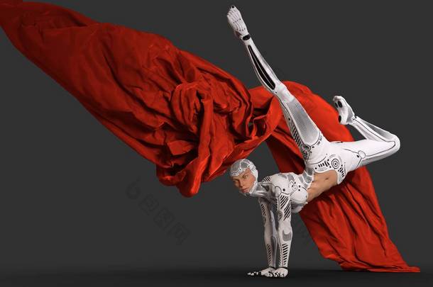 女子机器人舞蹈与红色布3d 插图