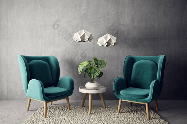 现代客厅与扶手椅和灯。斯堪的纳维亚室内设计家具。3d 渲染插图
