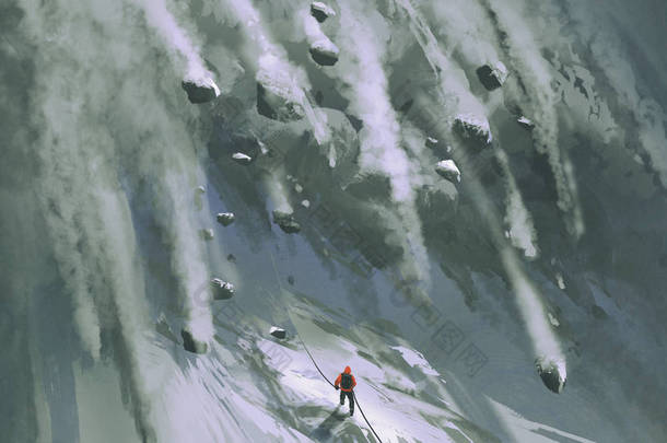 登山者的场景人和雪岩迅速下降下来的山坡, 数字艺术风格, 插图绘画