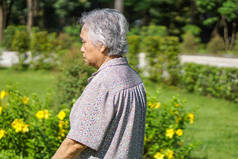 亚洲老年妇女患者与步行者在公园散步：健康有力的医疗理念
