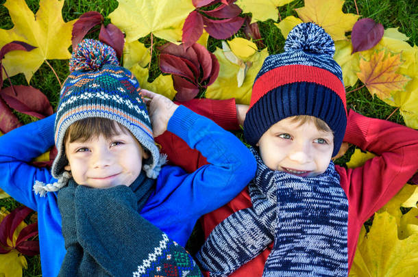 两个小男孩穿着五颜六色的休闲装躺在秋天的树叶里。在温暖的日子里，快乐的<strong>兄弟姐妹</strong>们在秋天的公园里玩得开心。有枫叶的健康儿童围巾和帽子