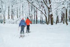 孩子们在下雪的城市公园滑雪。儿童生活方式