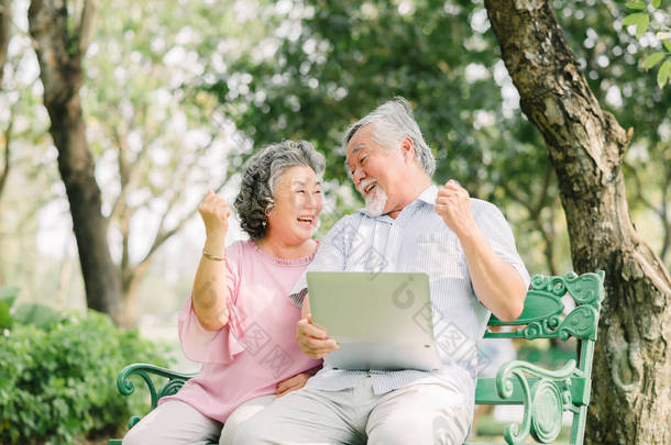 快乐的亚洲老年夫妇笑着庆祝成功与笔记本电脑在公园