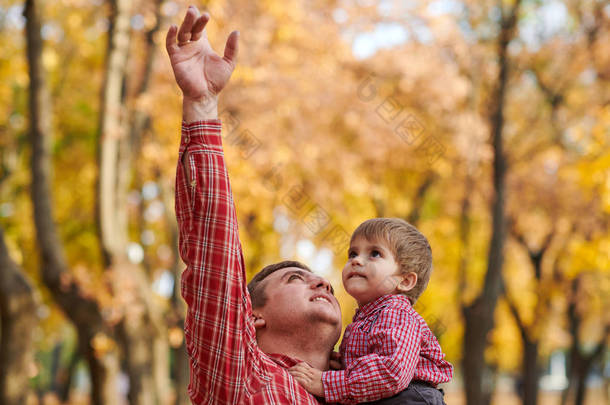 父子两人在秋城公园玩耍和玩耍。他们摆姿势, 微笑着, 玩耍。明亮的黄色树.