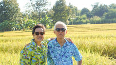 亚洲老年夫妇在工农业农场稻田商务快乐自然生活方式