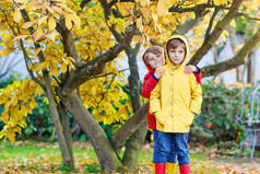 两个穿着五颜六色衣服的小朋友和小朋友在秋天公园里。快乐的兄弟姐妹们，孩子们，穿着红黄相间的雨衣和橡胶靴，玩得很开心。家庭在户外玩耍。积极休闲.