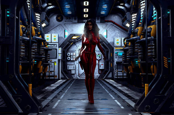 <strong>空间站</strong>码头红色紧身连衣裤中的科幻影子女人