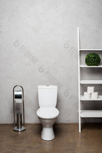 现代浴室的内部，靠近马桶架的马桶碗，靠近马桶刷的厕纸图片