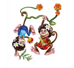 两只有趣的猴子挂在藤蔓上,手里拿着香蕉和芒果,丛林中的动物,白色背景上孤立的人物