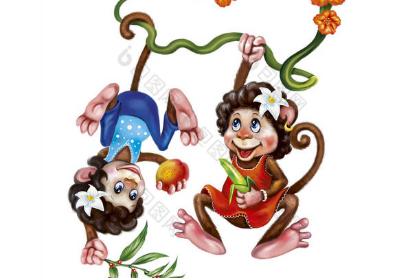 两只有趣的<strong>猴子</strong>挂在藤蔓上,手里拿着<strong>香蕉</strong>和芒果,丛林中的动物,白色背景上孤立的人物