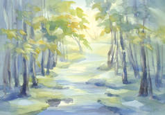 春天森林与河在绿色光水彩画背景