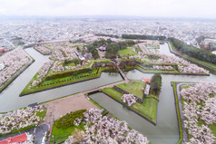 1855年, 在日本北海道函馆, 戈里亚卡库公园的顶部景观是建筑之星, 以保护城市建设, 并使用大量的工人来建造城市建筑