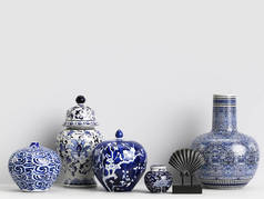 室内装饰样机与中国生姜罐子和珊瑚。数字插图. 3 d 渲染
