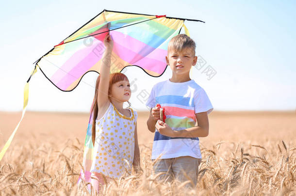 夏天的时候, 在麦田里玩风筝的可爱小孩