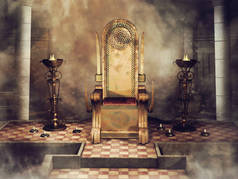 在一座带燃烧器和蜡烛的古老城堡里, 有凯尔特人饰品的梦幻般的宝座。3d 渲染.