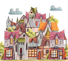 彩色铅笔城市与咖啡馆,房子,温室。手绘插图.