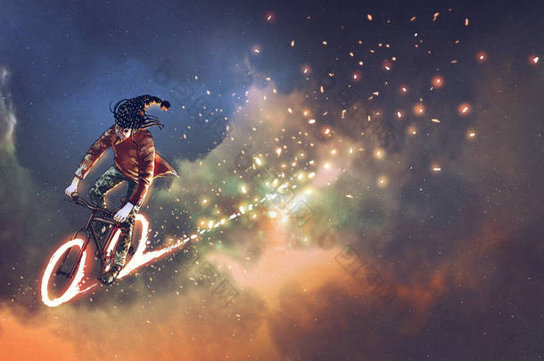 男子与花哨的衣服骑自行车与发光的车轮在外层空间, 数字艺术风格, 插图绘画