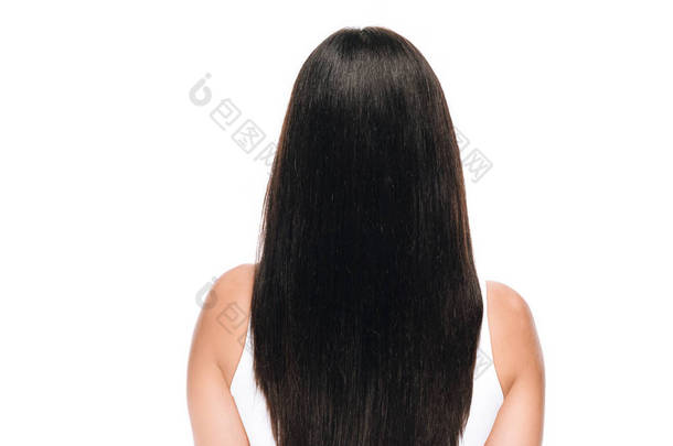 黑发美女的背面视图与长直健康和闪亮的头发孤立在<strong>白色</strong>