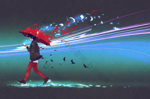 红色<strong>雨伞</strong>的妇女在黑暗的背景下行走与散射粒子、数字艺术风格、插图绘画