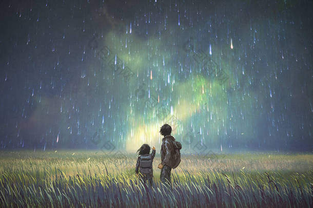 兄弟姐妹在草地上看着天上的流星，数码艺术风格，插图绘画