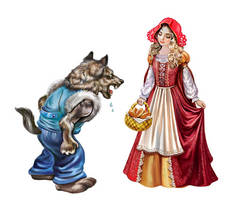 小红帽，提着一筐馅饼和灰狼，童话般的人物被白色的背景隔开了