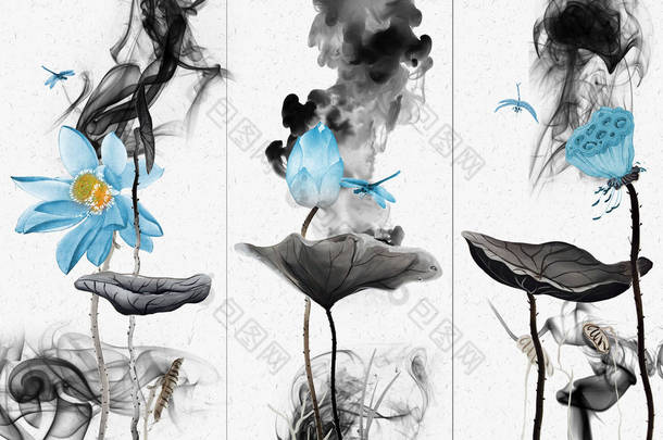 抽象的自然插图，三个蓝色睡莲与深灰色叶子在白色背景，三个蓝色的龙