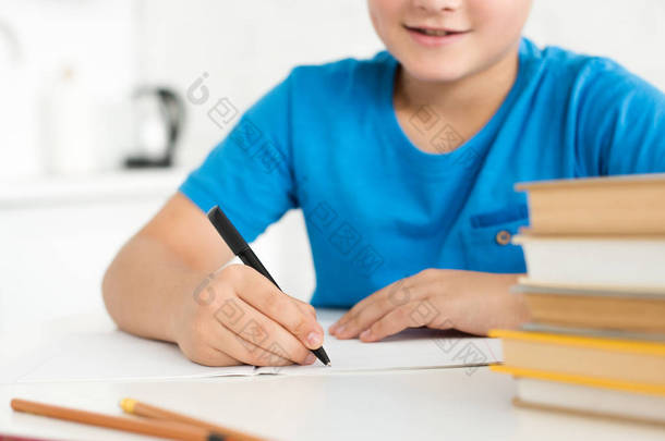 在家里做家庭作业时, 写在抄写本上的男孩的部分观点