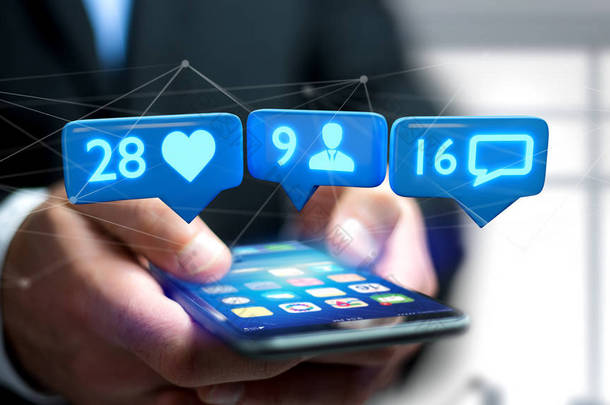 在社交网络上使用智能手机、跟随者和<strong>消息通知</strong>的商人的看法-3d 渲染