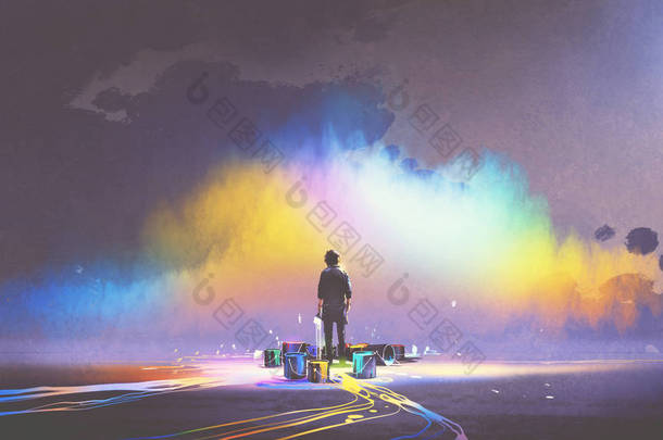男人用油漆桶站在前面的七色的云彩