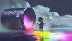 幻想插图显示一个大桶躺在表面上, 一个可爱的生物站在五颜六色的油漆, 数字艺术风格的水坑