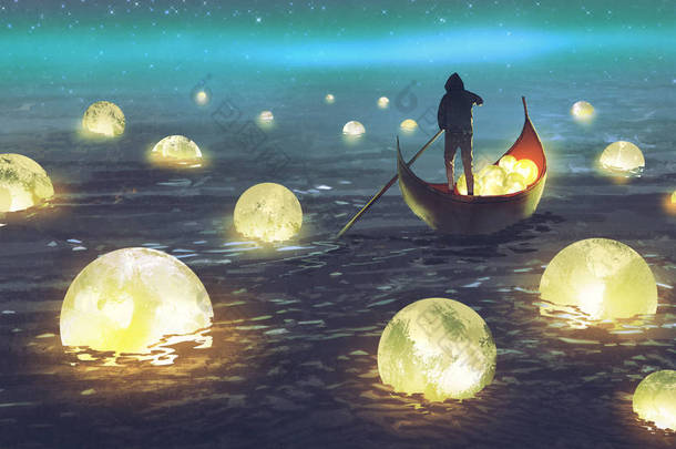 在海上漂浮的许多发光的月亮的人的夜风景, 数字式艺术样式, 例证绘画