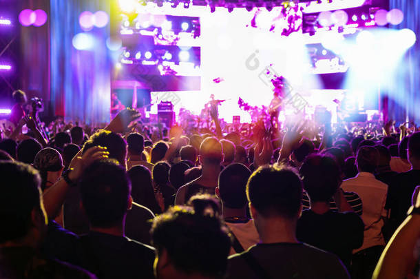 音乐会<strong>人群</strong>的音乐歌迷俱乐部表演手的行动遵循超级明星的歌曲, 音乐和音乐会的概念