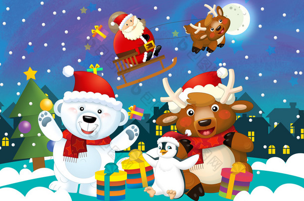 圣诞节与圣诞老人和不同动物插图