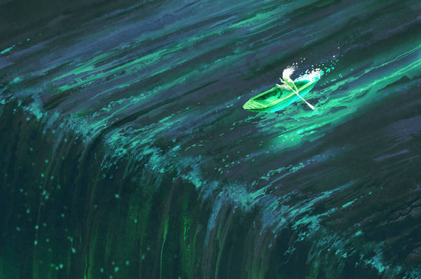 男子赛艇在发光的绿色船靠近瀑布的边缘