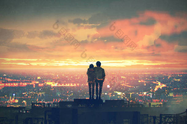 年轻夫妇站在屋顶上看日落时的城市景观，数码艺术<strong>风格</strong>，插图绘画