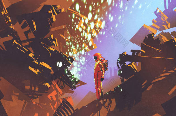 在未来的工厂, 数字艺术风格, 插图绘画中站在控制面板前面的宇航员的科幻场面