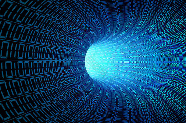 在公路隧道蓝抽象速度运动中的二进制码号为技术背景, 数码数据在计算机。快速向光移动。3d 插图