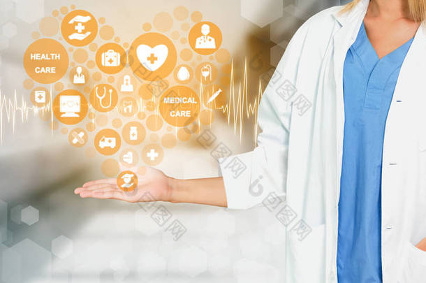 医疗保健概念-医院医生与<strong>数字</strong>医疗图标图形横幅显示医学的标志, 医疗人员, 急救服务网络, 医生的病人健康数据.