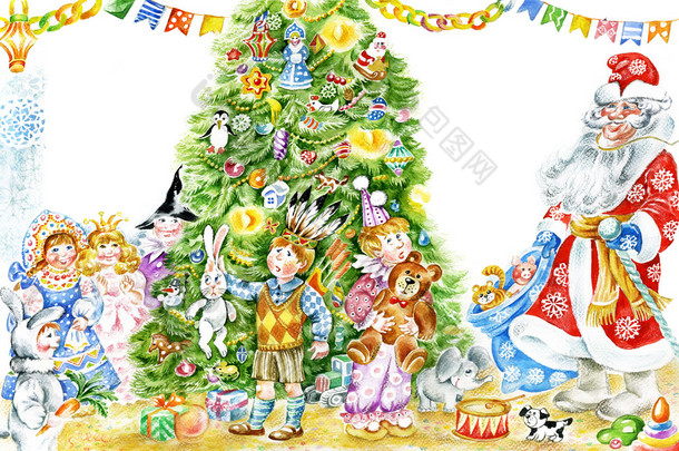儿童和围着圣诞树圣诞老人
