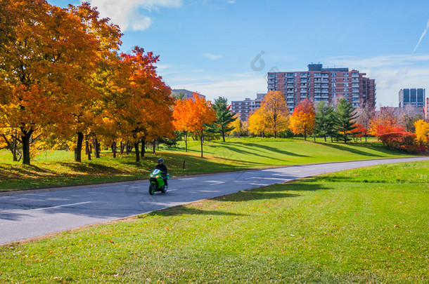 沿滨江大道-铺好的道路蜿蜒曲折的渥太华使郊游在秋天午后的阳光.